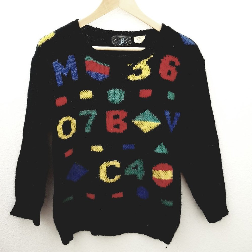 VINTAGE Jefferson Blvd wool nylon acrylic colorful sweater alphabet medium M - Picture 3 of 5